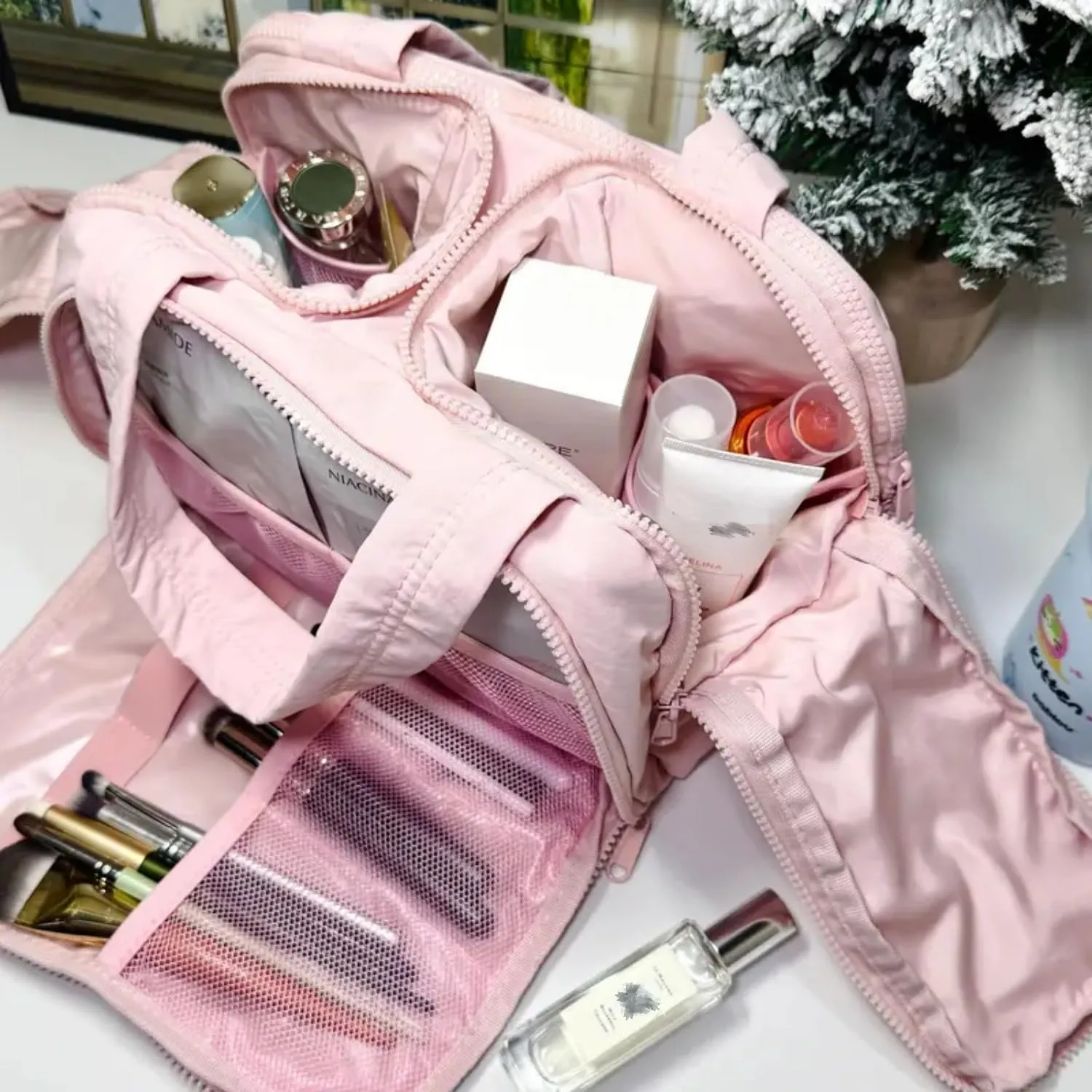 Humidity Travel Cosmetic Bag, Large Capacity Wide-Open Travel Cosmetic Bag, multi-functional toiletry bag,For Womentraveling, Essentials Toiletries. (Khaki)