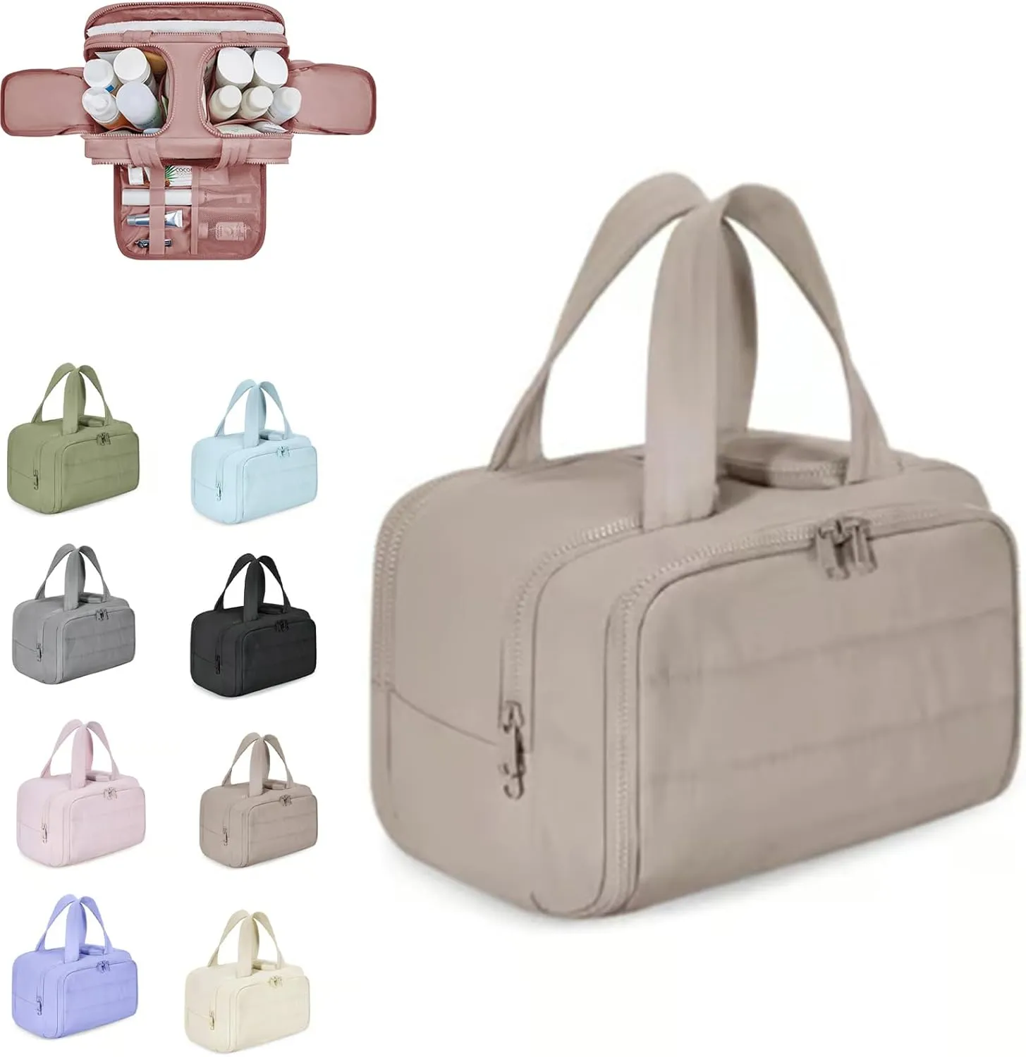 Humidity Travel Cosmetic Bag, Large Capacity Wide-Open Travel Cosmetic Bag, multi-functional toiletry bag,For Womentraveling, Essentials Toiletries. (Khaki)