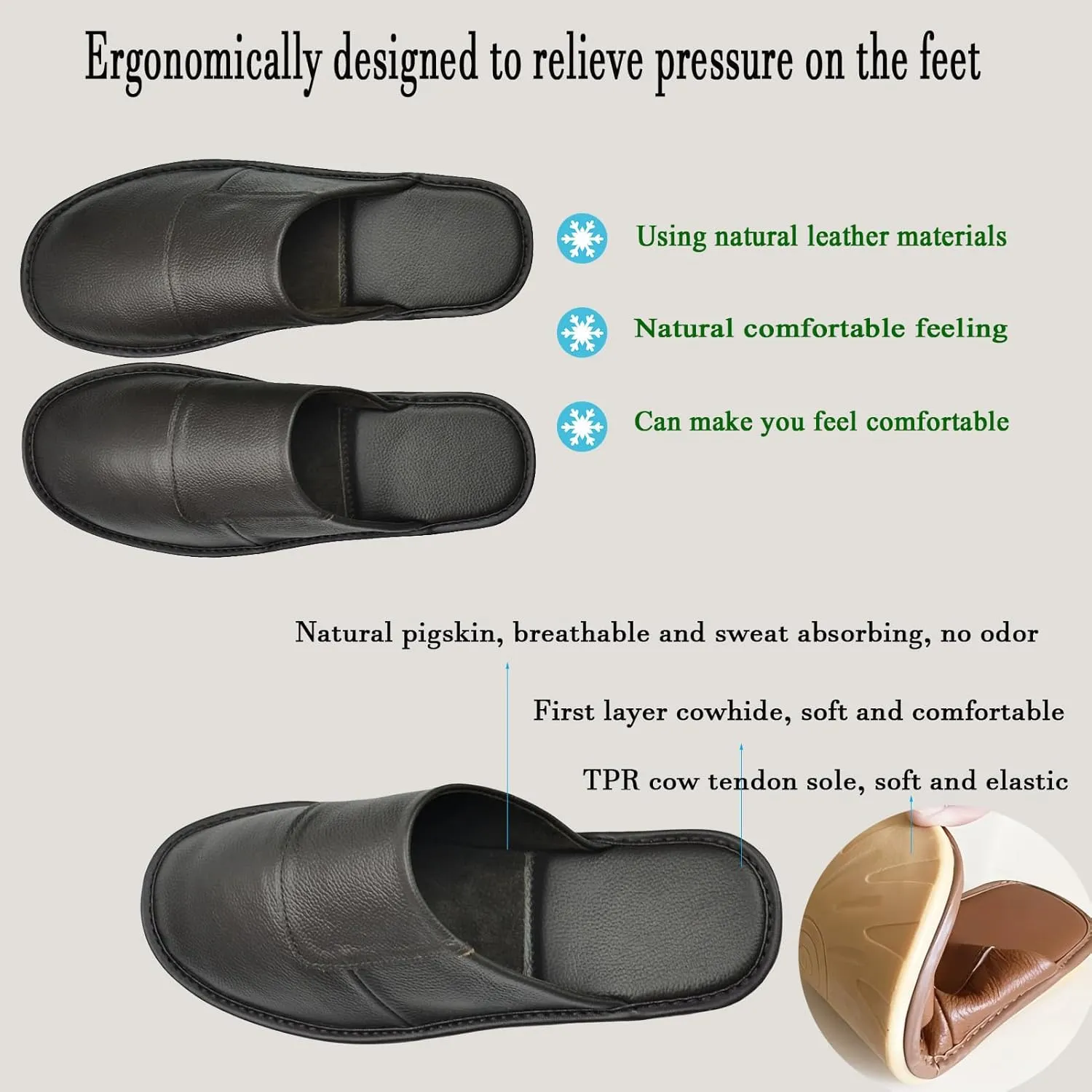 Hwayslon Leather Slippers Men's Women's Leather Room Slippers Natural Cowhide Luxury Solid Color Unisex