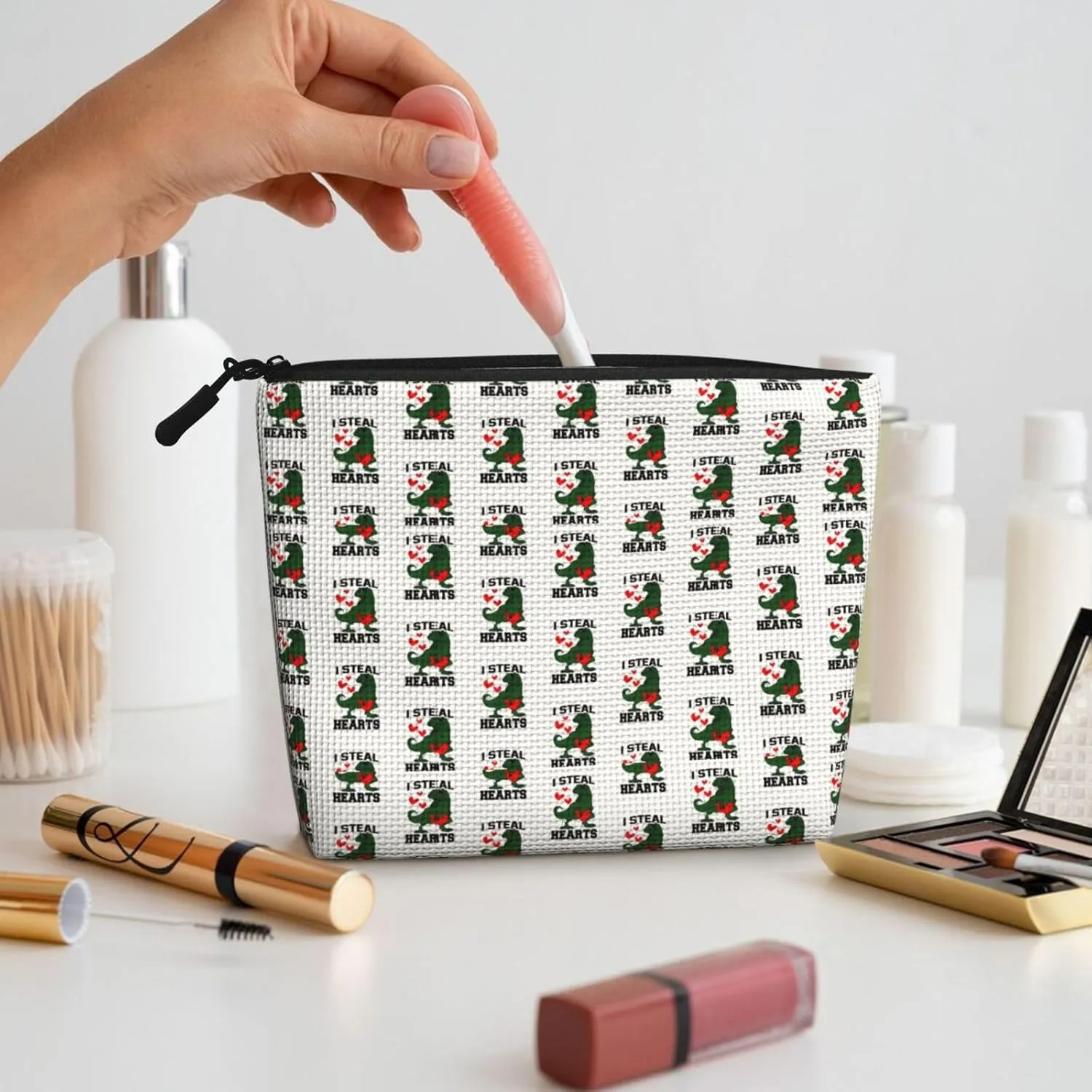 I steal hearts dinosaur 2 Makeup Bags Travel Makeup Pouch Zipper Cosmetic Bag For Women