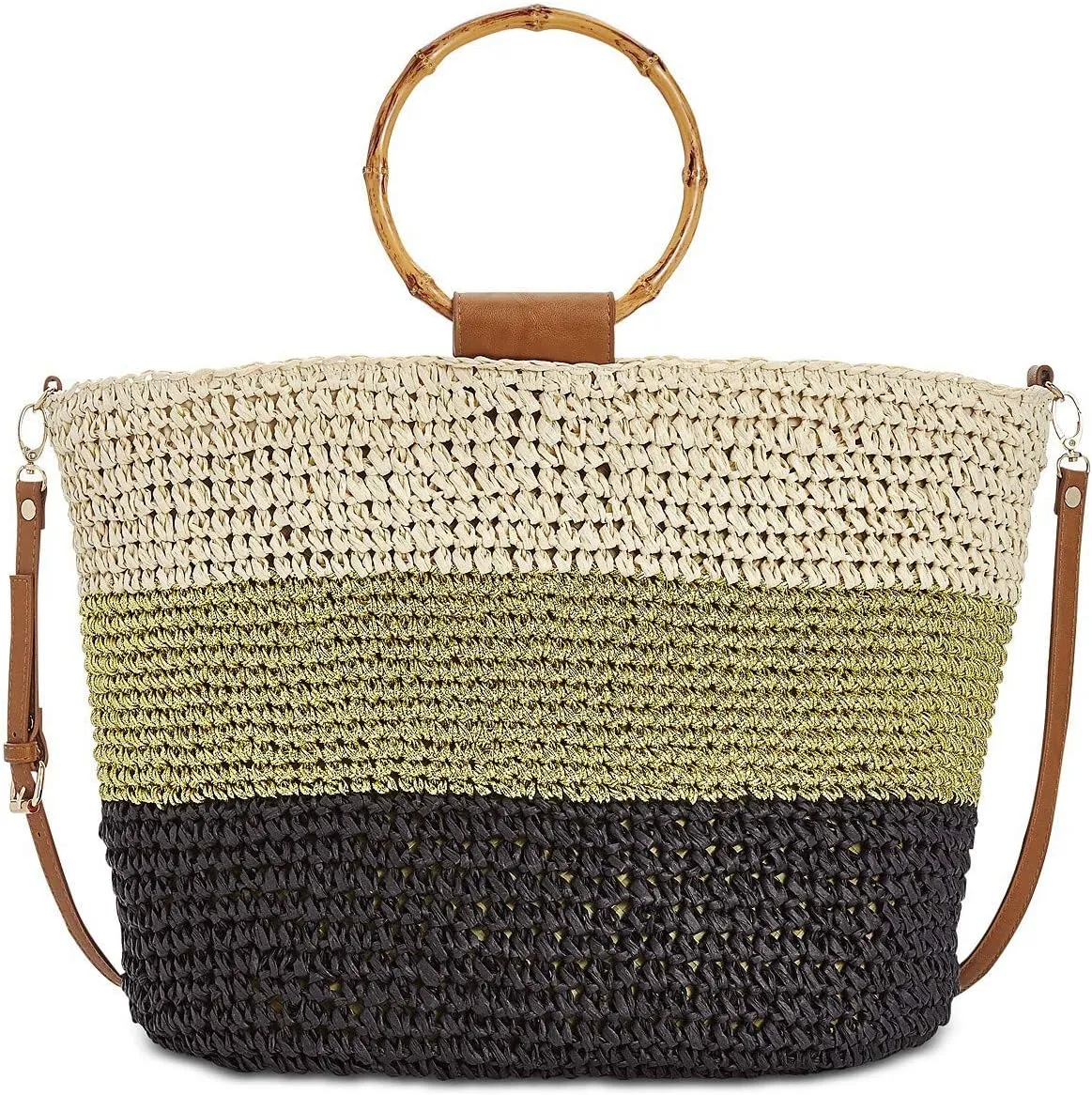 INC International Concepts Willoww Women's Stripe Colorblock Woven Straw Tote Bag (One Size, Light Beige/Multi)