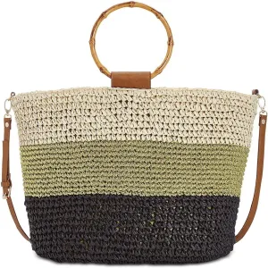 INC International Concepts Willoww Women's Stripe Colorblock Woven Straw Tote Bag (One Size, Light Beige/Multi)