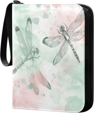 Ink Painting Of Dragonflies Card Binder with 50 Removable Page Sleeves PU Leather Collectible Trading Card Albums Book with Zipper for Games Card,Baseball Cards