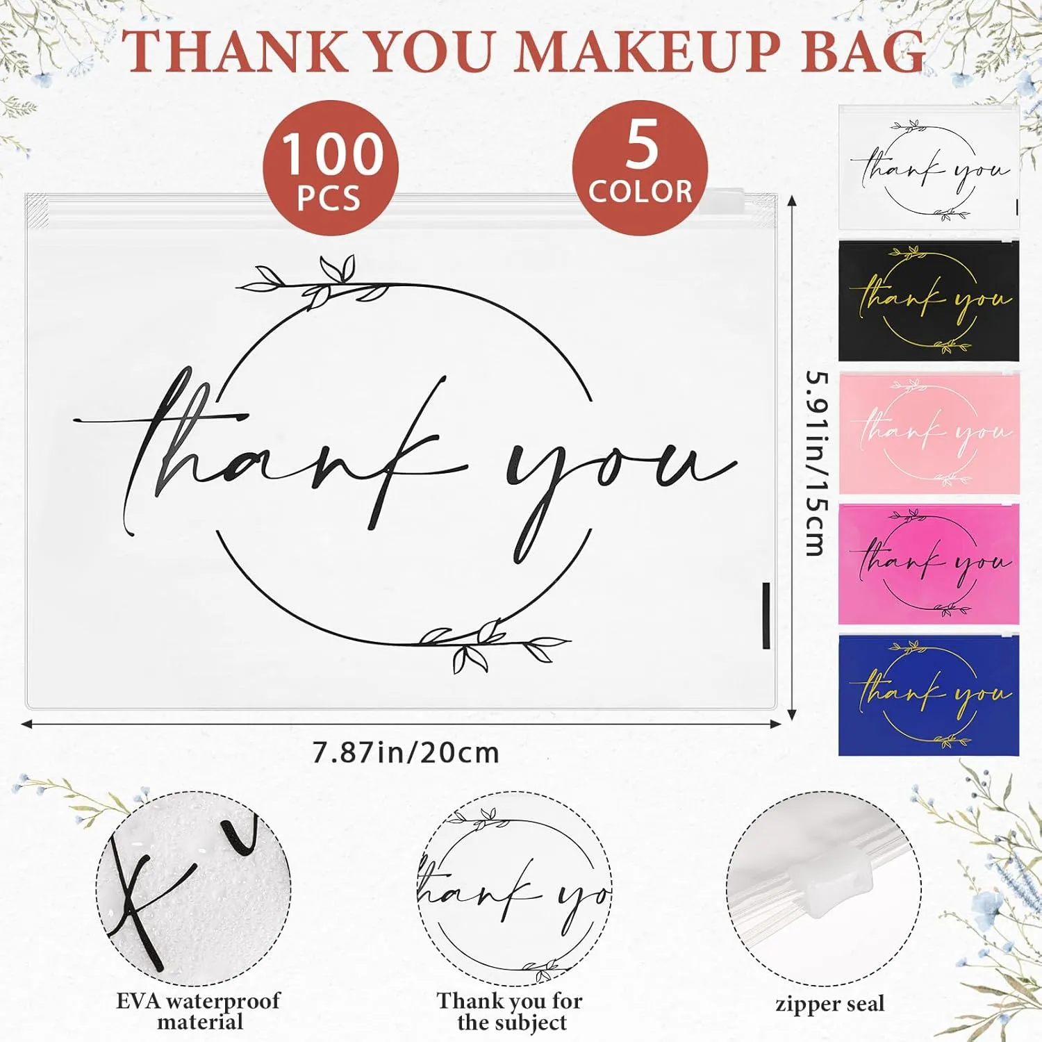 Ireer 100 Pcs Thank You Gift Makeup Bags EVA Clear Cosmetic Bag with Zipper Mini Makeup Thank You Toiletry Cosmetics Bulk Gifts for Women Birthday Daughter Sister(Mixed Colors)