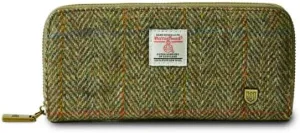 Islander HarrisTweed & PU Leather women’s long zip purse, Chestnut Herringbone, Carry Cash & card, Scottish Style