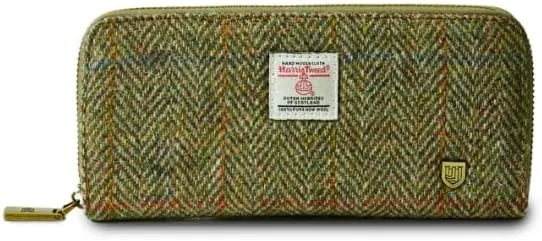 Islander HarrisTweed & PU Leather women’s long zip purse, Chestnut Herringbone, Carry Cash & card, Scottish Style