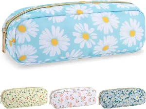 izuzta Nylon Small Floral Makeup Bag Slim Pouch, Preppy Cute Makeup Brush Case Bag Flower Cosmetic Zipper Pouch Purse, Waterproof Travel Toiletry Bag Coin Pouch Make Up Organizer Women(Blue-Daisy)