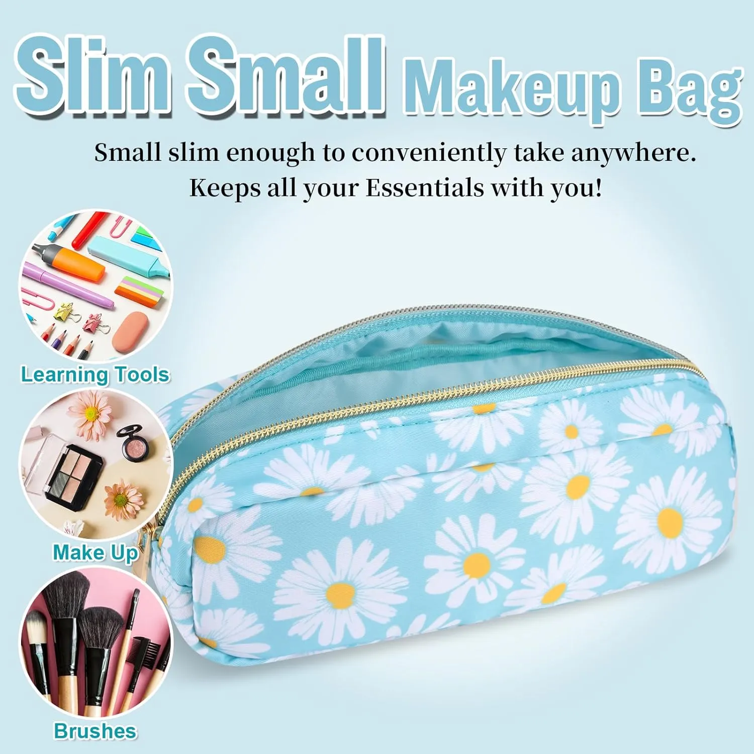 izuzta Nylon Small Floral Makeup Bag Slim Pouch, Preppy Cute Makeup Brush Case Bag Flower Cosmetic Zipper Pouch Purse, Waterproof Travel Toiletry Bag Coin Pouch Make Up Organizer Women(Blue-Daisy)