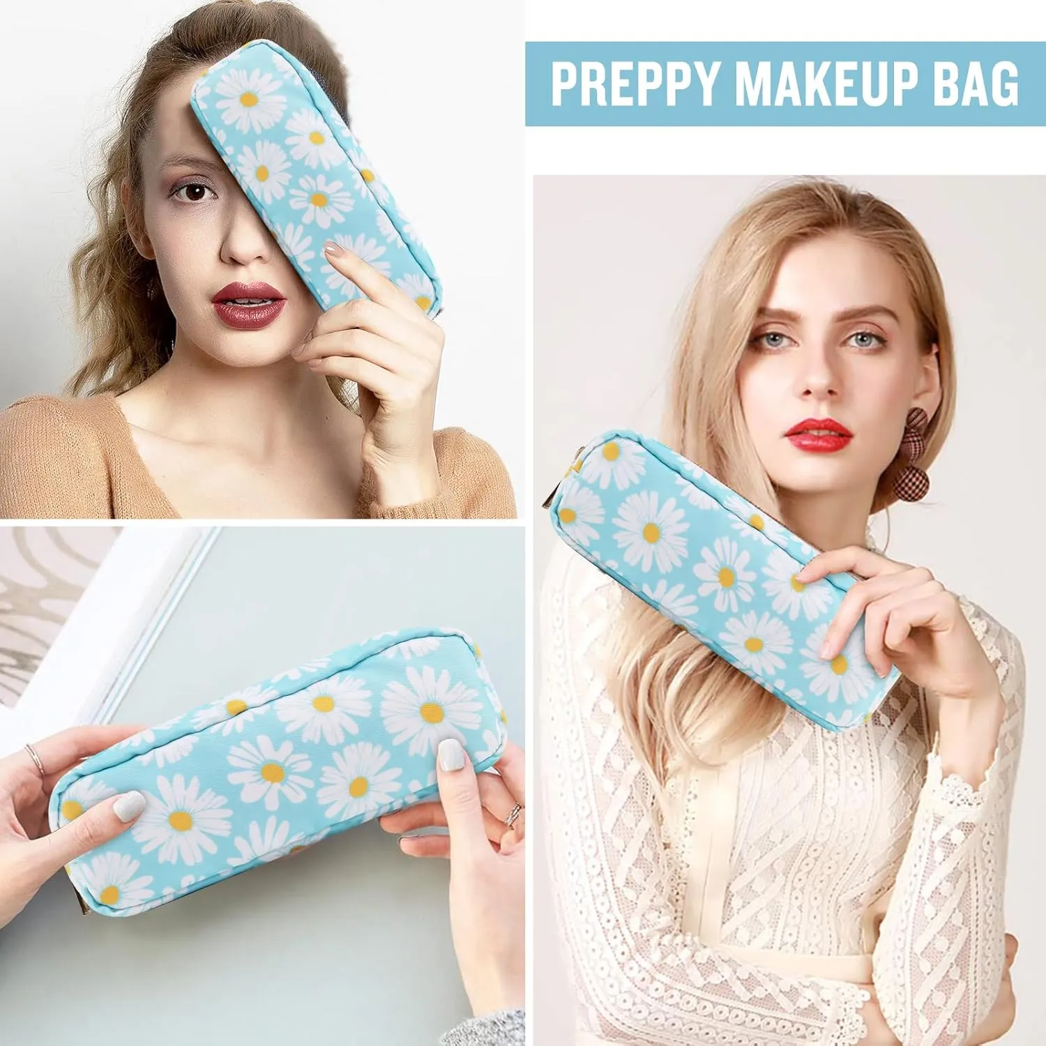 izuzta Nylon Small Floral Makeup Bag Slim Pouch, Preppy Cute Makeup Brush Case Bag Flower Cosmetic Zipper Pouch Purse, Waterproof Travel Toiletry Bag Coin Pouch Make Up Organizer Women(Blue-Daisy)