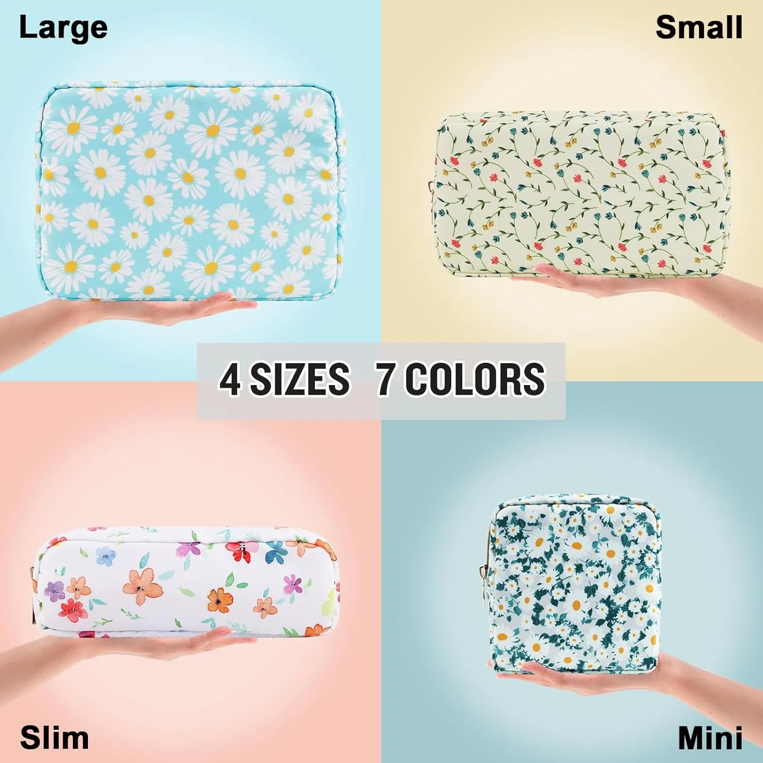 izuzta Nylon Small Floral Makeup Bag Slim Pouch, Preppy Cute Makeup Brush Case Bag Flower Cosmetic Zipper Pouch Purse, Waterproof Travel Toiletry Bag Coin Pouch Make Up Organizer Women(Blue-Daisy)