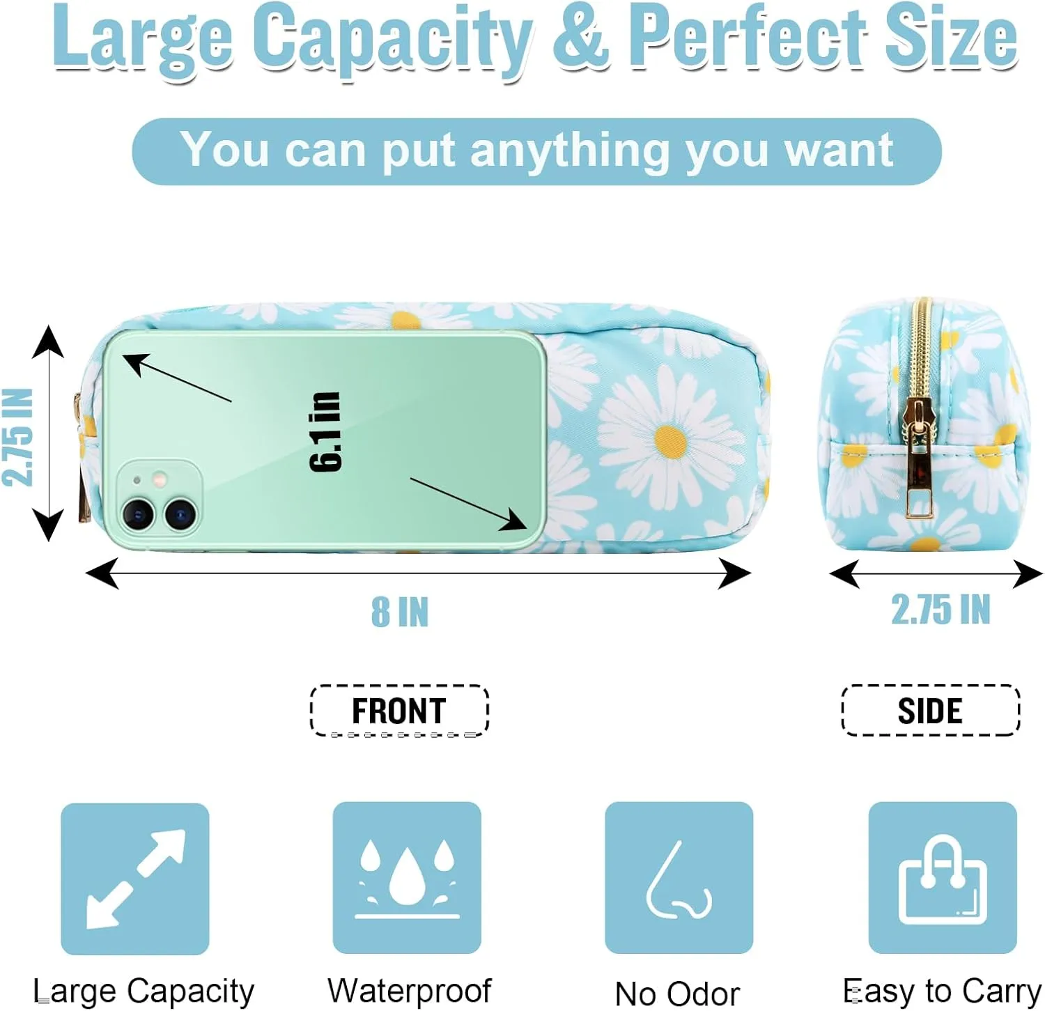 izuzta Nylon Small Floral Makeup Bag Slim Pouch, Preppy Cute Makeup Brush Case Bag Flower Cosmetic Zipper Pouch Purse, Waterproof Travel Toiletry Bag Coin Pouch Make Up Organizer Women(Blue-Daisy)