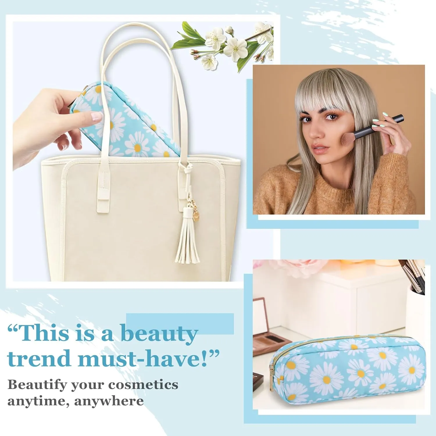 izuzta Nylon Small Floral Makeup Bag Slim Pouch, Preppy Cute Makeup Brush Case Bag Flower Cosmetic Zipper Pouch Purse, Waterproof Travel Toiletry Bag Coin Pouch Make Up Organizer Women(Blue-Daisy)