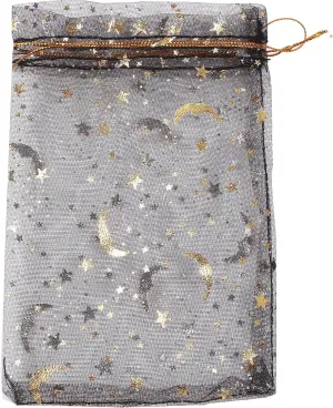 J&Rey Home Valentine's Day 100 pcs Moon And Star Design Small Gift Jewelry Organza Decorative Bags With Drawstring For Party (4"x6", black，Gold)