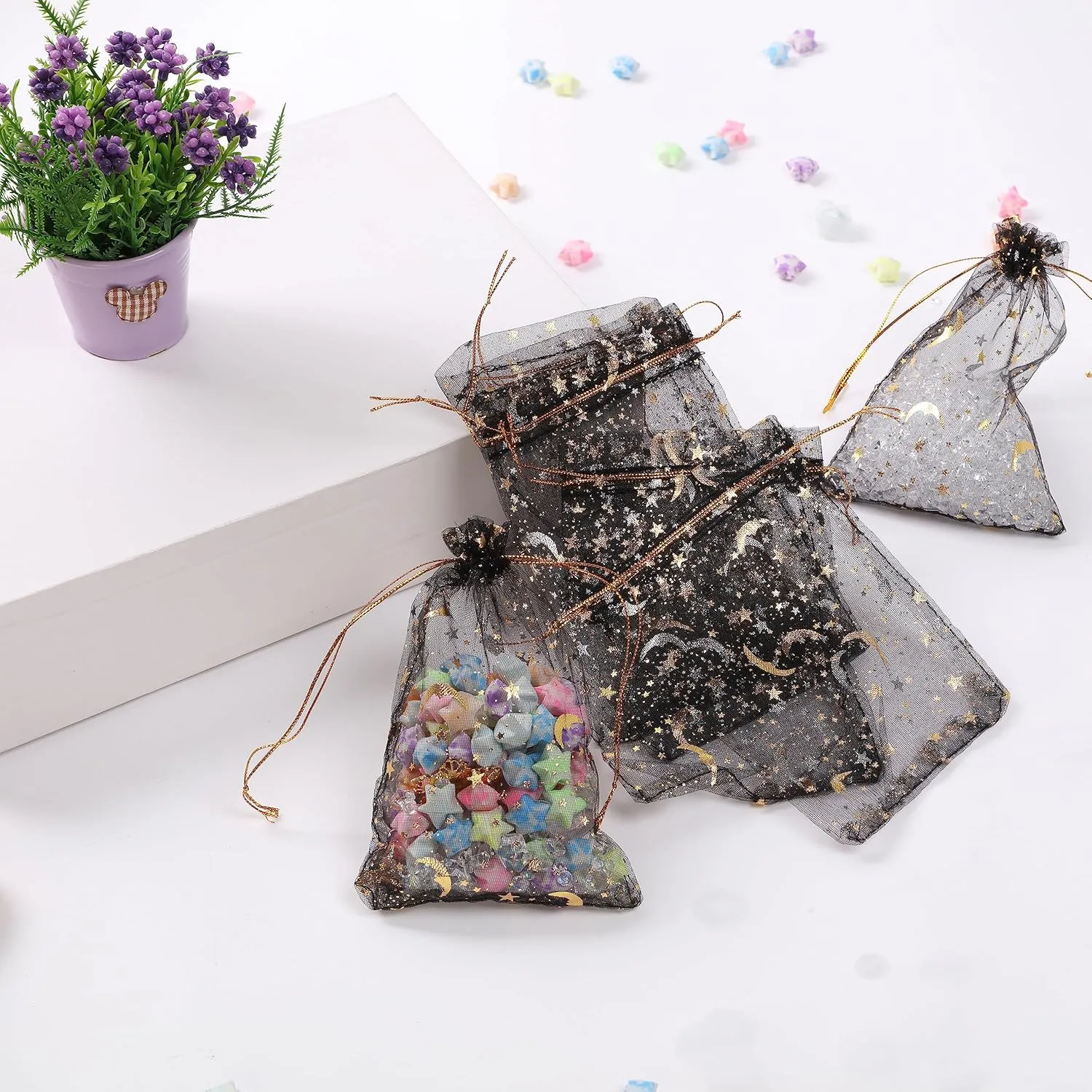 J&Rey Home Valentine's Day 100 pcs Moon And Star Design Small Gift Jewelry Organza Decorative Bags With Drawstring For Party (4"x6", black，Gold)