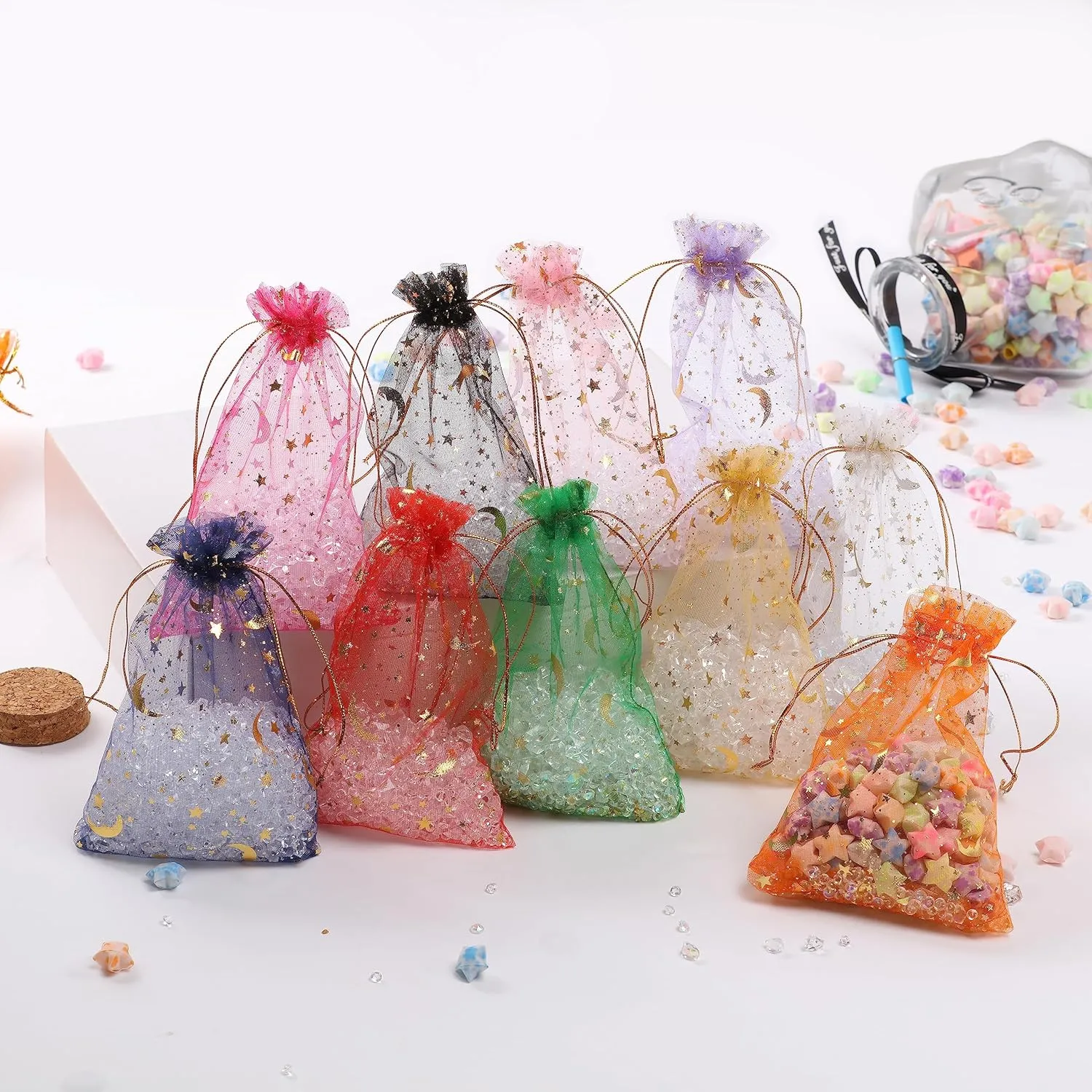 J&Rey Home Valentine's Day 100 pcs Moon And Star Design Small Gift Jewelry Organza Decorative Bags With Drawstring For Party (4"x6", black，Gold)