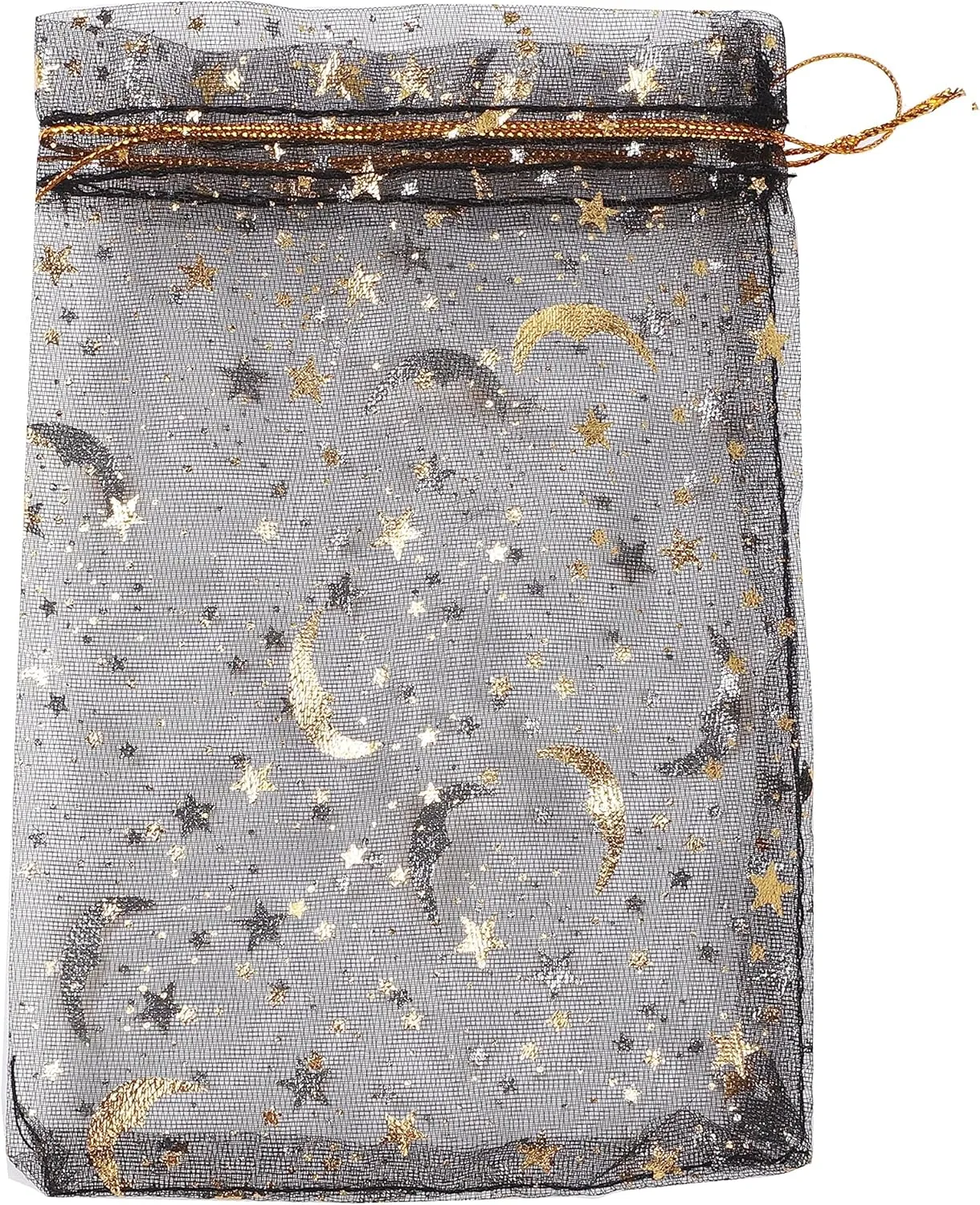 J&Rey Home Valentine's Day 100 pcs Moon And Star Design Small Gift Jewelry Organza Decorative Bags With Drawstring For Party (4"x6", black，Gold)