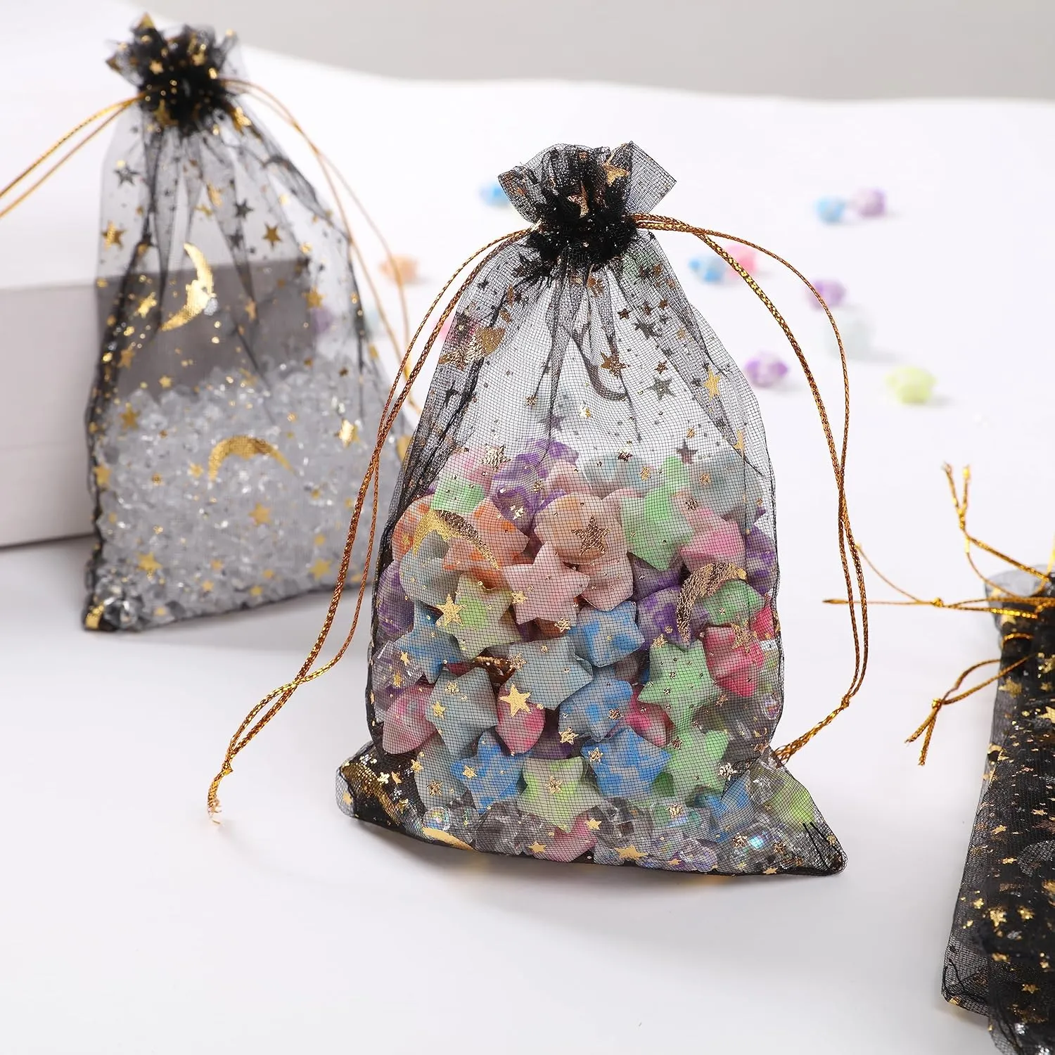 J&Rey Home Valentine's Day 100 pcs Moon And Star Design Small Gift Jewelry Organza Decorative Bags With Drawstring For Party (4"x6", black，Gold)