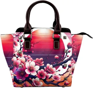 Japan-Cherry-Blossoms-Sun Pu Leather Crossbody Studded Bag, Fashionable Shoulder Handbag With Detachable Shoulder Strap