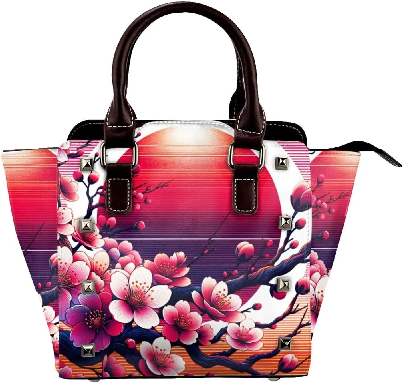 Japan-Cherry-Blossoms-Sun Pu Leather Crossbody Studded Bag, Fashionable Shoulder Handbag With Detachable Shoulder Strap