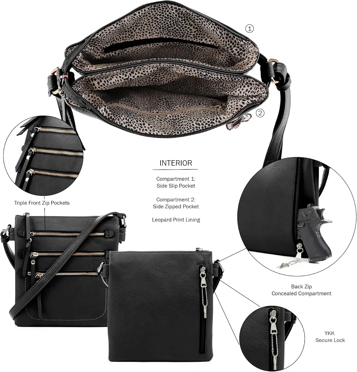 JESSIE & JAMES Double Compartment Multi-Zipper Triple Zip Pockets Concealed Carry Crossbody Bag with Lock and Key