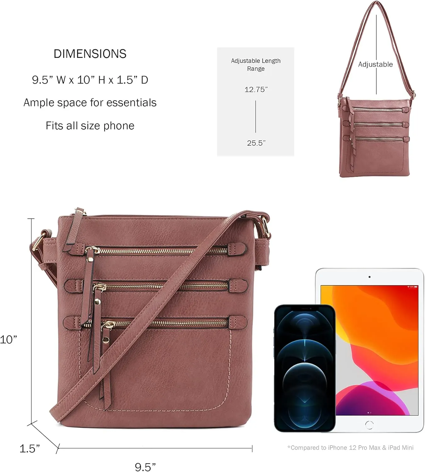 JESSIE & JAMES Double Compartment Multi-Zipper Triple Zip Pockets Concealed Carry Crossbody Bag with Lock and Key