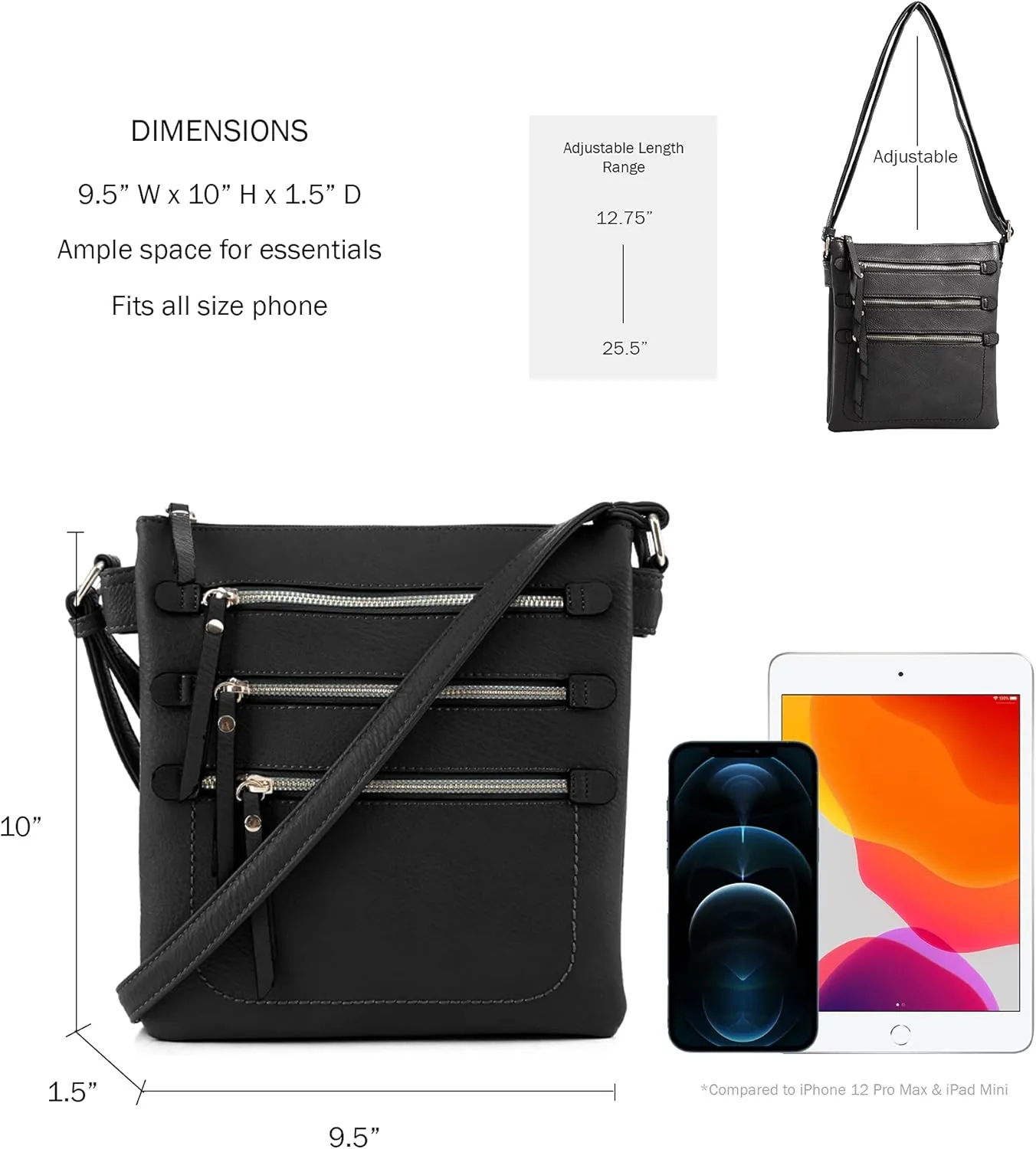 JESSIE & JAMES Double Compartment Multi-Zipper Triple Zip Pockets Concealed Carry Crossbody Bag with Lock and Key