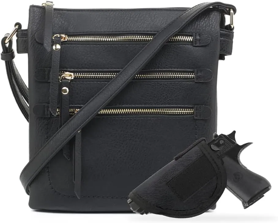 JESSIE & JAMES Double Compartment Multi-Zipper Triple Zip Pockets Concealed Carry Crossbody Bag with Lock and Key