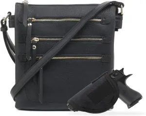 JESSIE & JAMES Double Compartment Multi-Zipper Triple Zip Pockets Concealed Carry Crossbody Bag with Lock and Key
