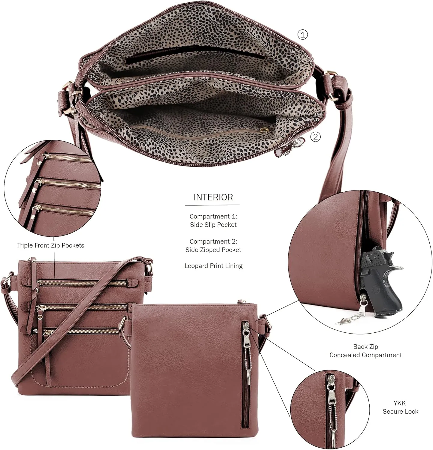 JESSIE & JAMES Double Compartment Multi-Zipper Triple Zip Pockets Concealed Carry Crossbody Bag with Lock and Key