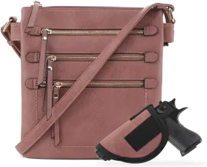 JESSIE & JAMES Double Compartment Multi-Zipper Triple Zip Pockets Concealed Carry Crossbody Bag with Lock and Key