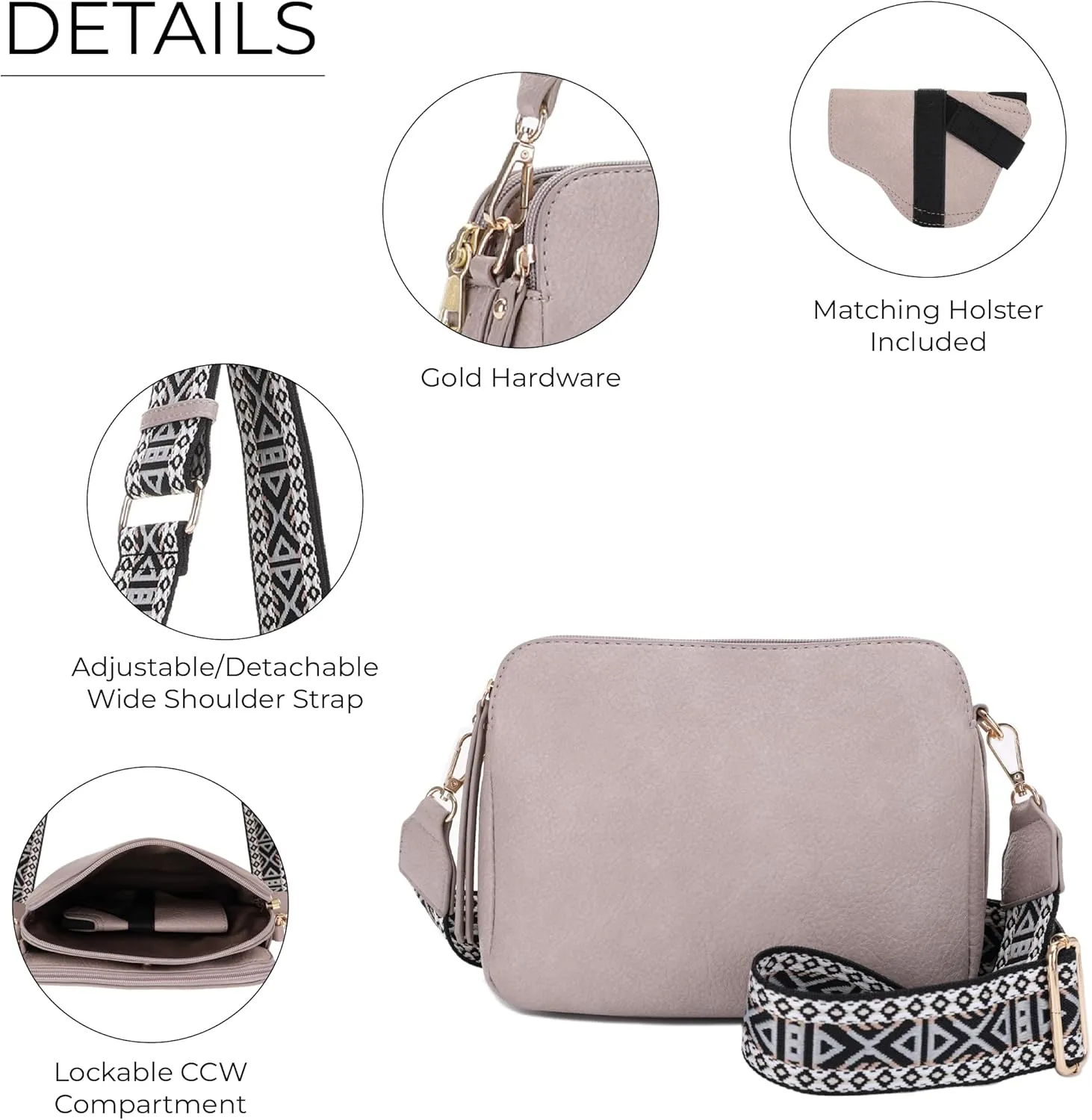 JESSIE & JAMES Rebecca Triple Compartment Lock and Key Lightweight Medium Crossbody Purse with Guitar Strap
