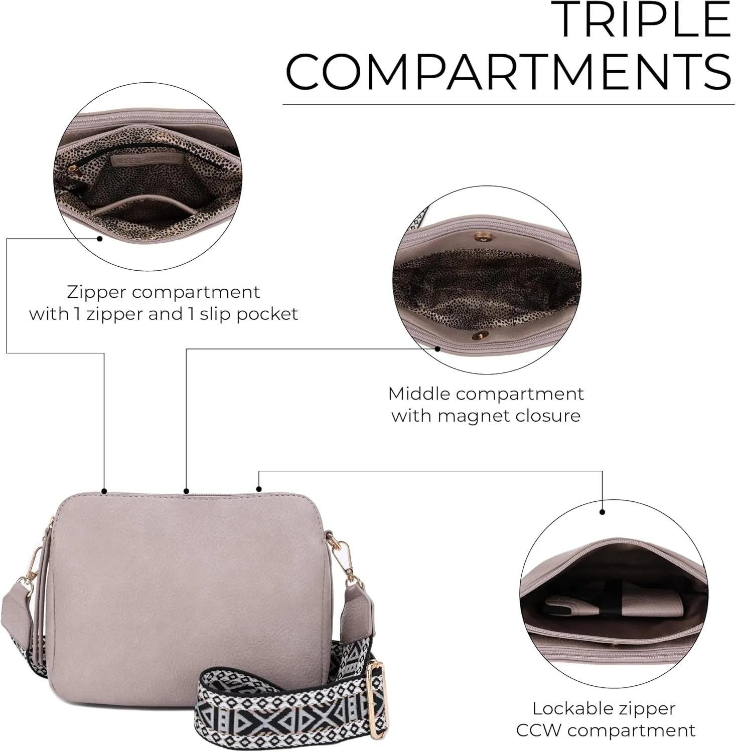 JESSIE & JAMES Rebecca Triple Compartment Lock and Key Lightweight Medium Crossbody Purse with Guitar Strap