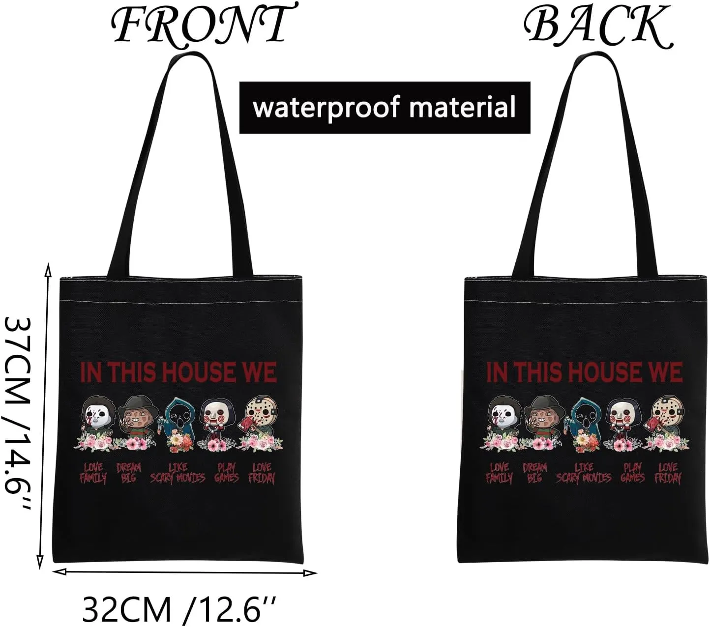 JNIAP Horror Movie Lover Tote Bag Scary Halloween For Friend In This House Horror Characters Grocery Shopping Handbag