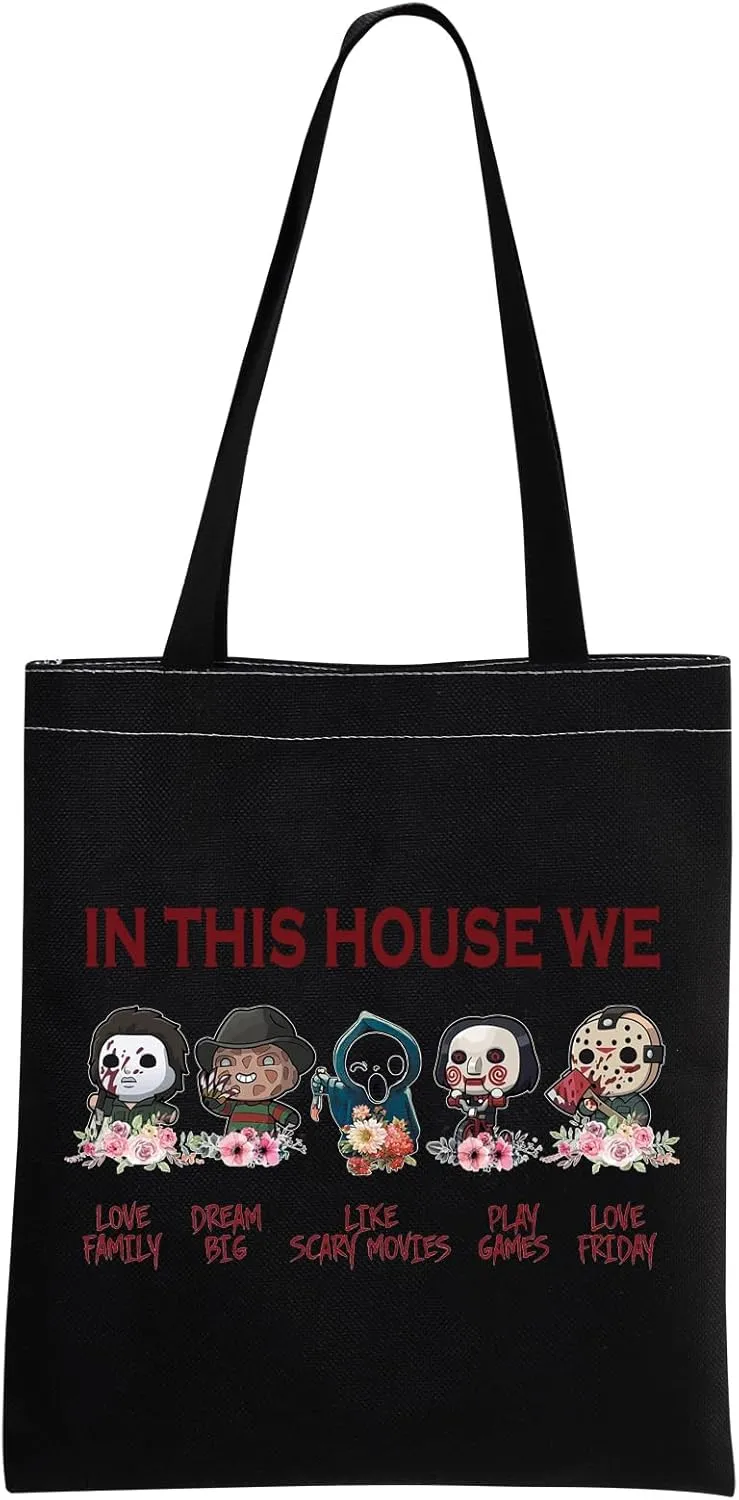 JNIAP Horror Movie Lover Tote Bag Scary Halloween For Friend In This House Horror Characters Grocery Shopping Handbag
