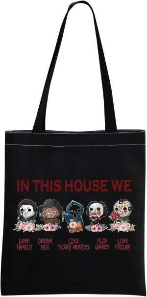 JNIAP Horror Movie Lover Tote Bag Scary Halloween For Friend In This House Horror Characters Grocery Shopping Handbag