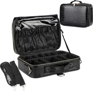 JOURMON Travel Makeup Case 3 Layers Makeup Train Case Crocodile Makeup Bag Organizer Portable Artist Storage Bag with Adjustable Dividers and Shoulder Strap