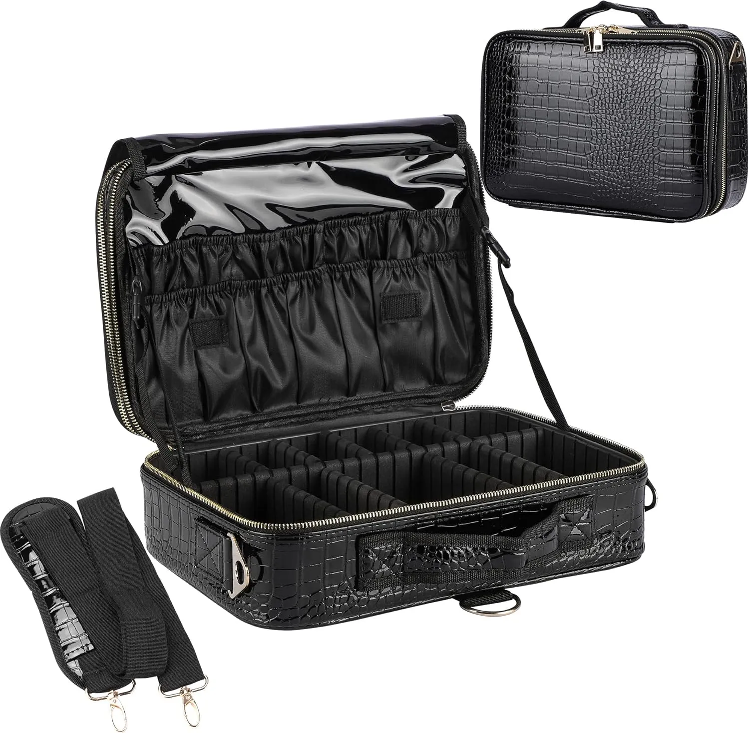 JOURMON Travel Makeup Case 3 Layers Makeup Train Case Crocodile Makeup Bag Organizer Portable Artist Storage Bag with Adjustable Dividers and Shoulder Strap