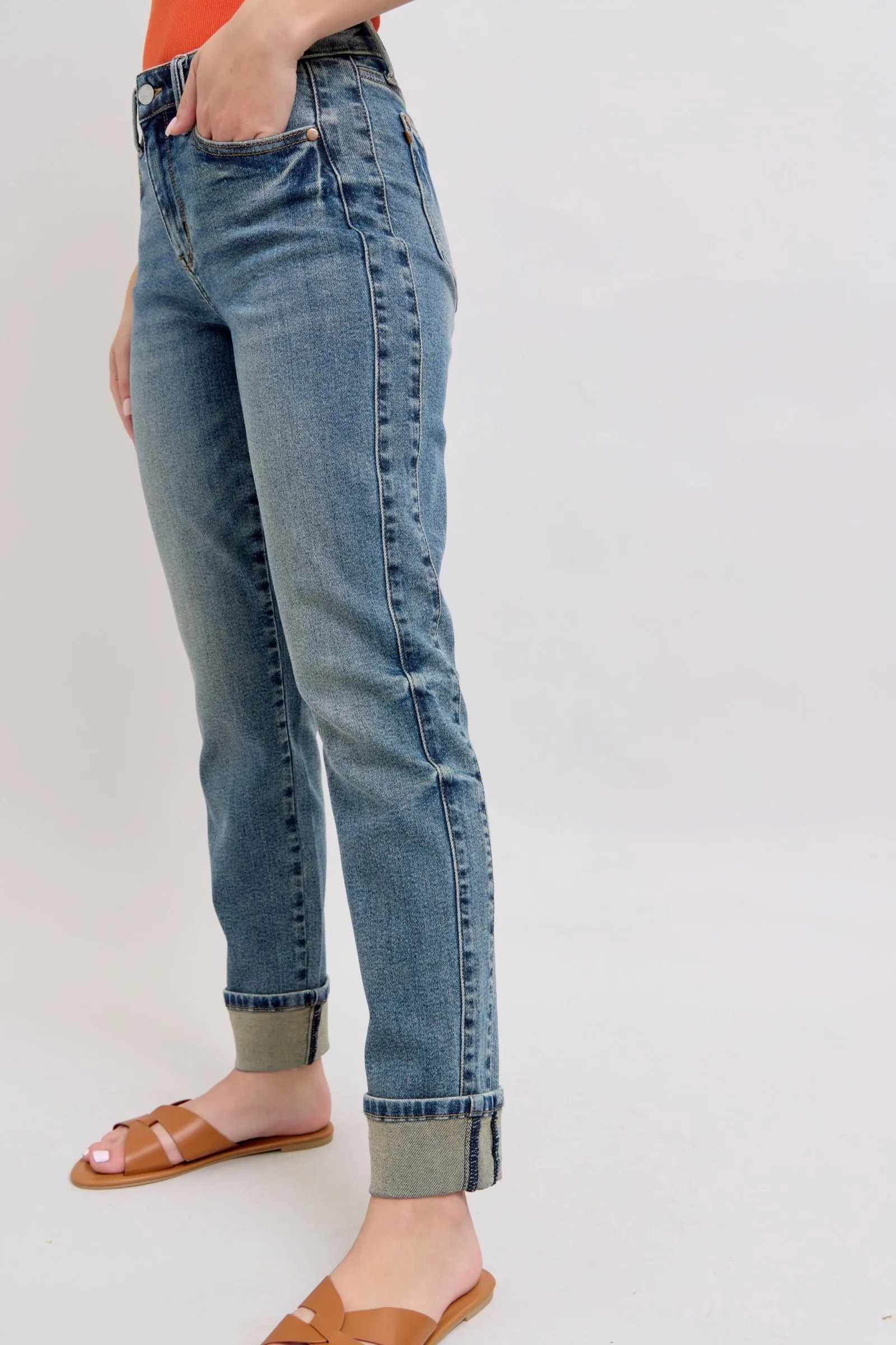 Judy Blue MR Vintage Wash SS Panel & Double Roll Cuff Boyfriend 88946