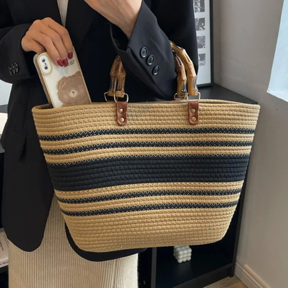 Juoxeepy Summer Beach Bag for Women Bamboo Handle Handbag Purse Soft Woven Tote Bag Handmade Beach Purse for Vacation