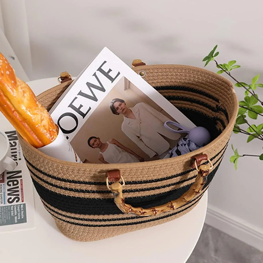 Juoxeepy Summer Beach Bag for Women Bamboo Handle Handbag Purse Soft Woven Tote Bag Handmade Beach Purse for Vacation