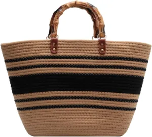 Juoxeepy Summer Beach Bag for Women Bamboo Handle Handbag Purse Soft Woven Tote Bag Handmade Beach Purse for Vacation