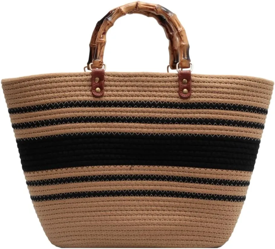 Juoxeepy Summer Beach Bag for Women Bamboo Handle Handbag Purse Soft Woven Tote Bag Handmade Beach Purse for Vacation