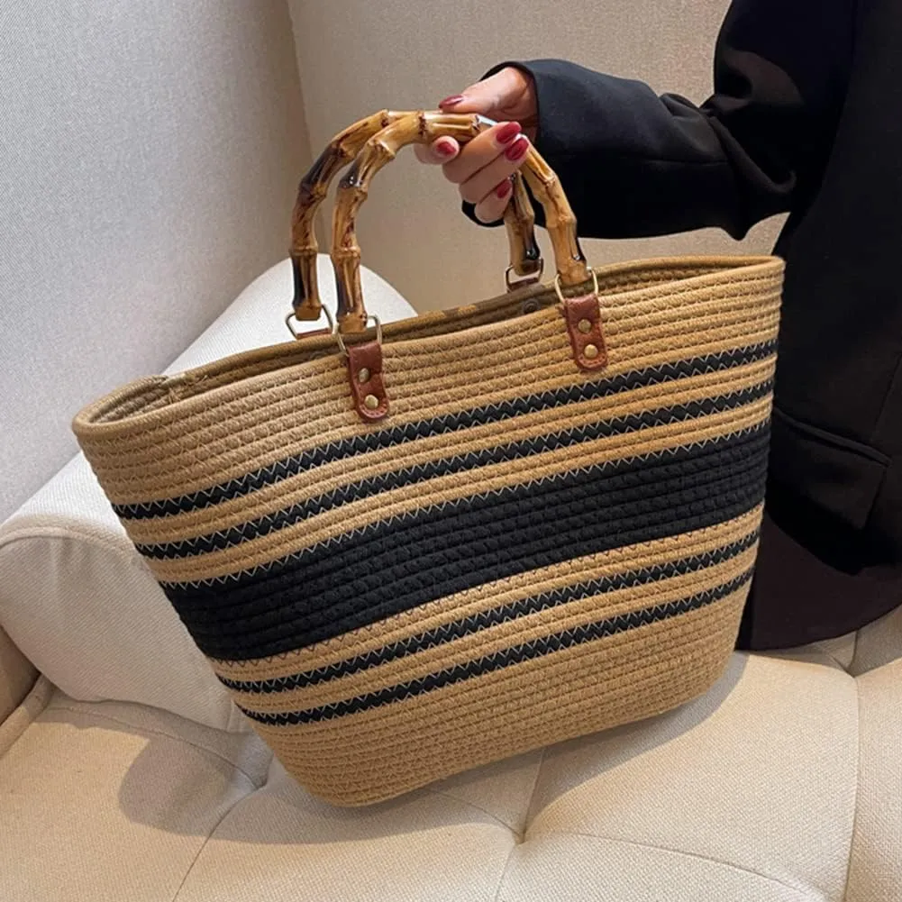 Juoxeepy Summer Beach Bag for Women Bamboo Handle Handbag Purse Soft Woven Tote Bag Handmade Beach Purse for Vacation