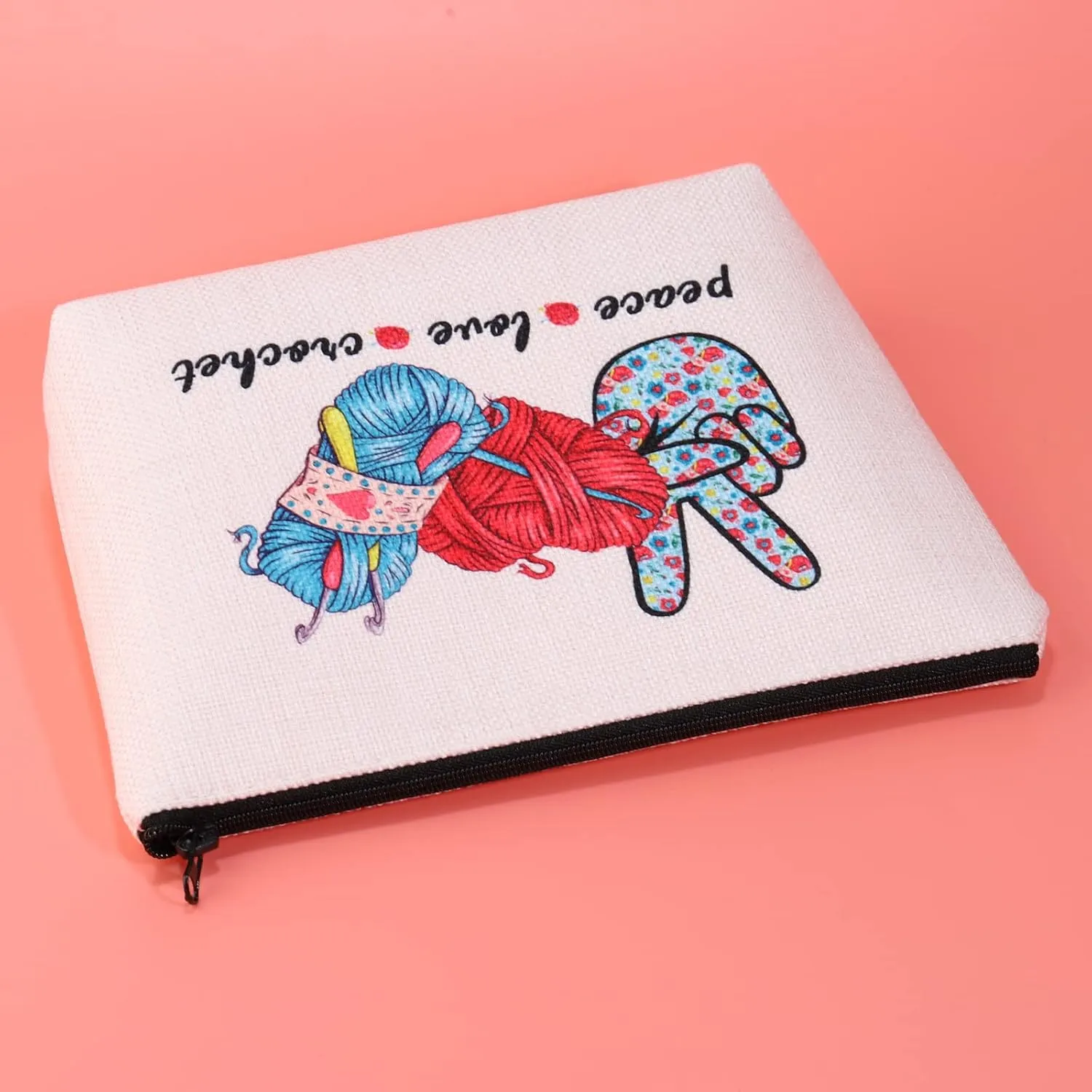 JXGZSO Knitting Project Bag Peace Love Crochet Makeup Bag With Zipper Knitter Gift