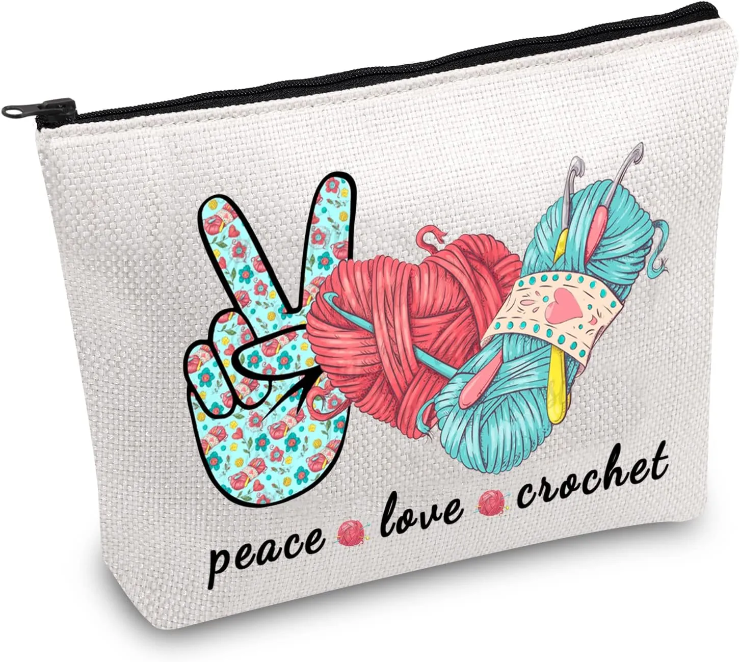 JXGZSO Knitting Project Bag Peace Love Crochet Makeup Bag With Zipper Knitter Gift