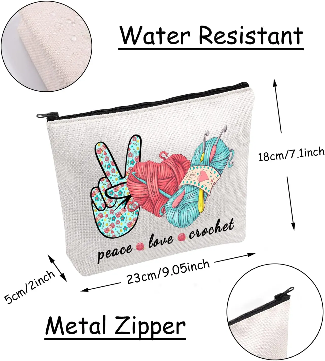 JXGZSO Knitting Project Bag Peace Love Crochet Makeup Bag With Zipper Knitter Gift