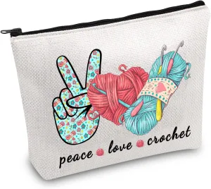 JXGZSO Knitting Project Bag Peace Love Crochet Makeup Bag With Zipper Knitter Gift