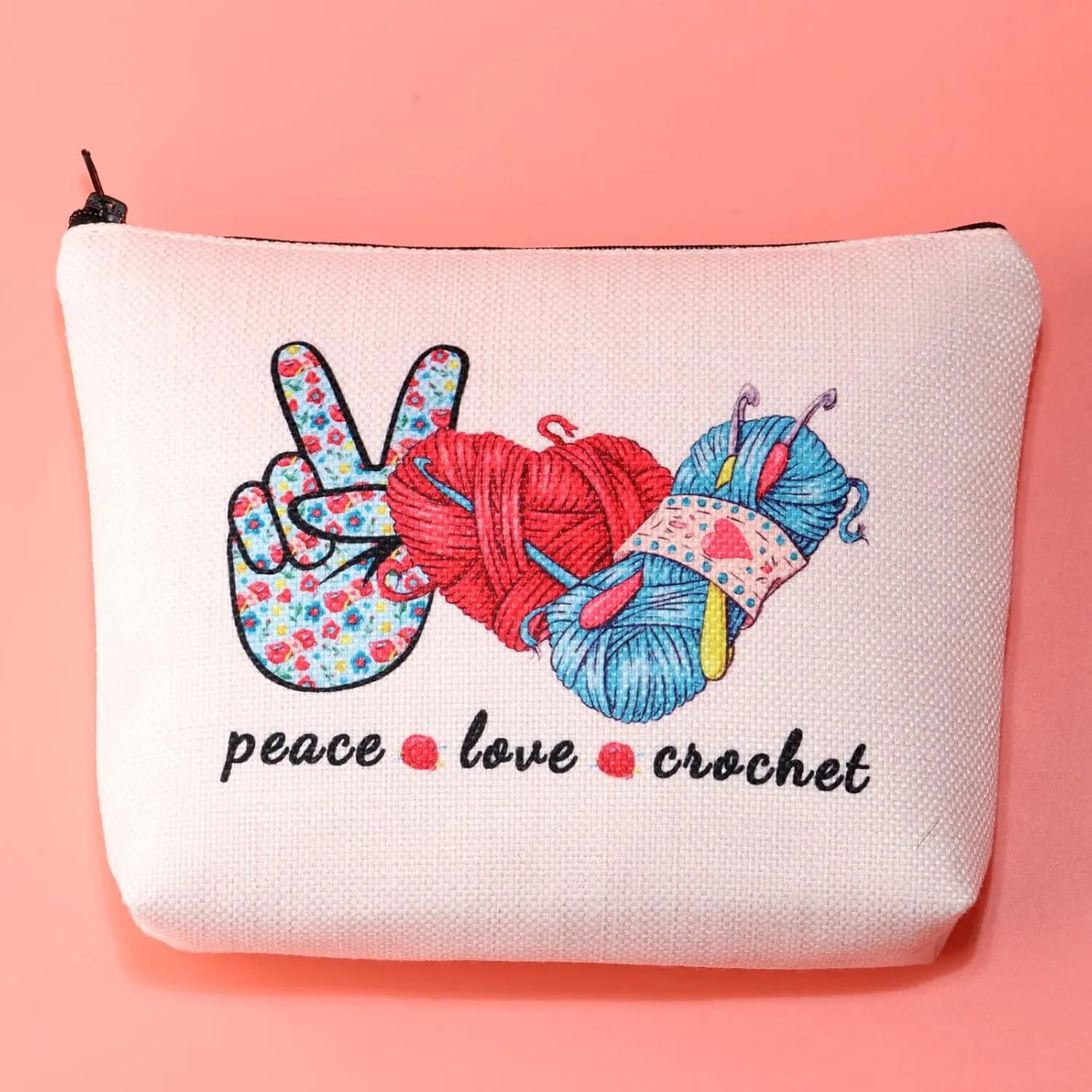 JXGZSO Knitting Project Bag Peace Love Crochet Makeup Bag With Zipper Knitter Gift