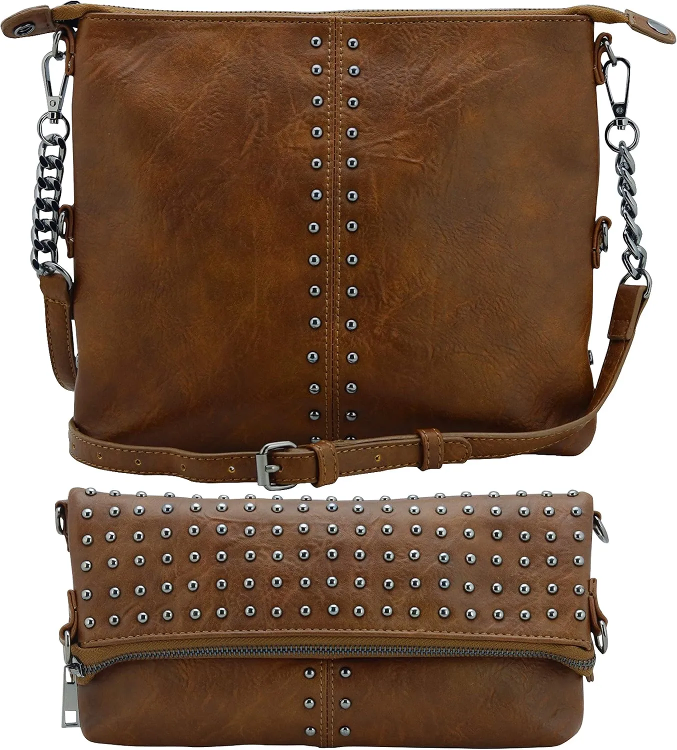 K&Bo Stevie Women’s Studded Chain Crossbody Handbag Purse, Rocker Chic Boho Medium, Converts to Clutch Bag, Lightweight
