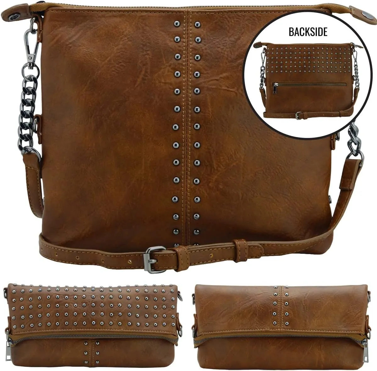 K&Bo Stevie Women’s Studded Chain Crossbody Handbag Purse, Rocker Chic Boho Medium, Converts to Clutch Bag, Lightweight